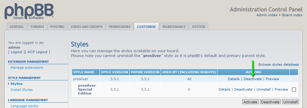 prosilver And prosilver Special Edition Styles Installed With prosilver Special Edition The phpBB Board Default Style Deactivate prosilver
