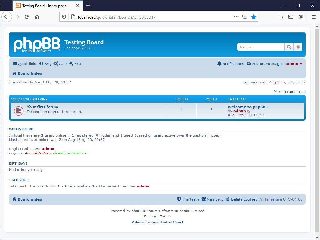 phpBB Board Successfully Created And Loaded In Web Browser