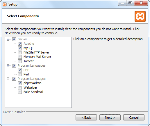 XAMPP Installation: Setup - Select Components