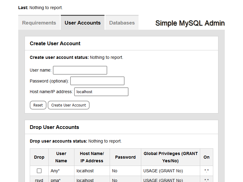 Simple MySQL Admin User Accounts Tab
